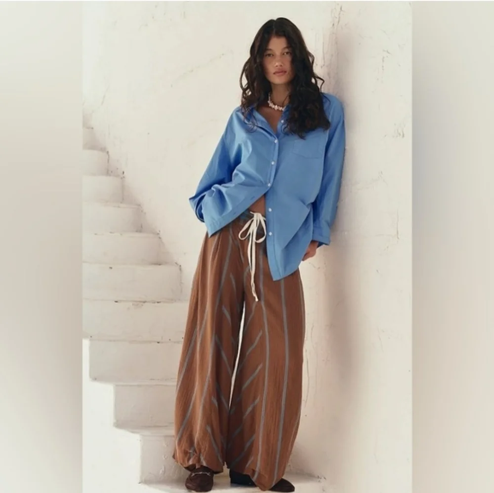 Loose-Fit Blue Button-Up Shirt and Brown Wide-Leg Pants Set - Picture 1 of 12